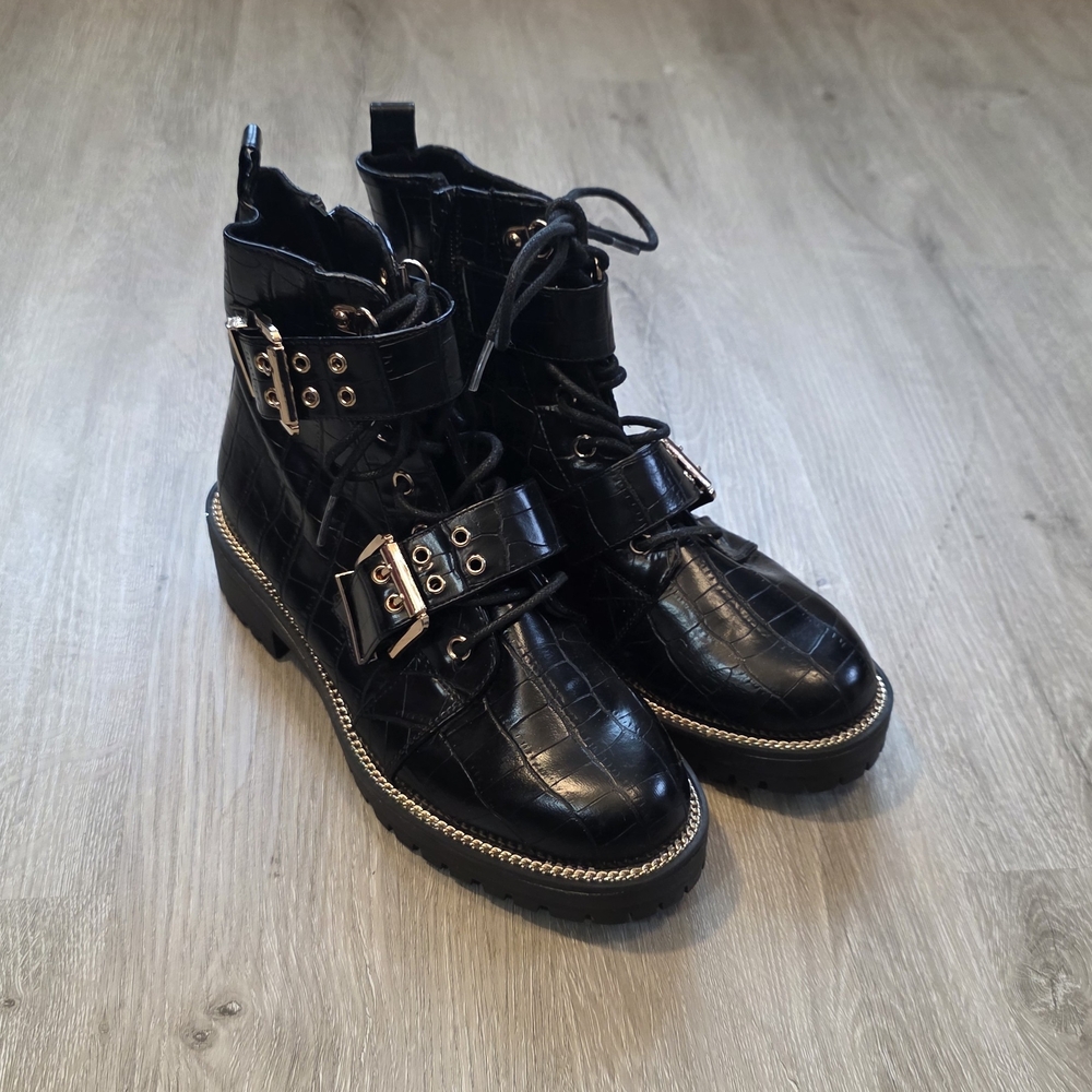 ASOS Black Crocodile Combat Moto Goth Boots Gold Buckles Size 5